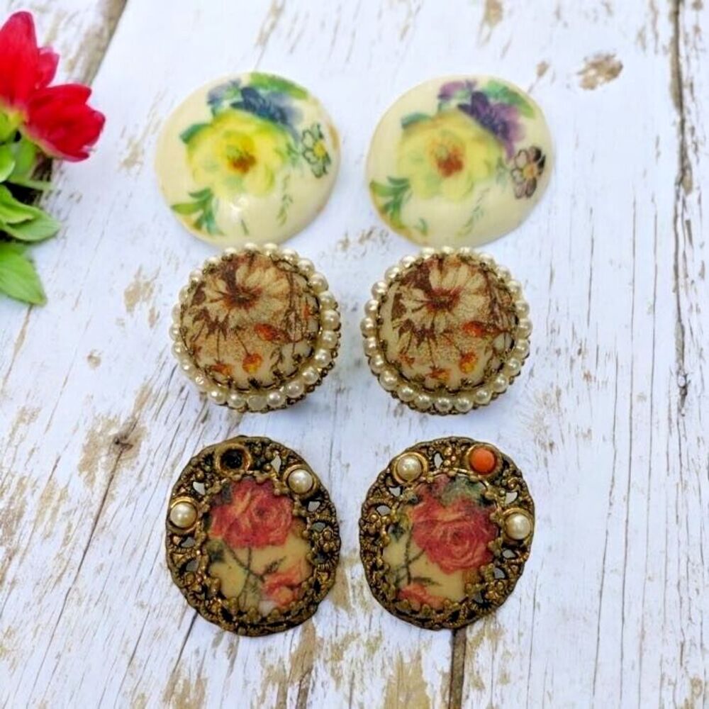 Vintage West Germany Floral Faux Pearl Art Nouveau Filigree Clip on Earrings lot